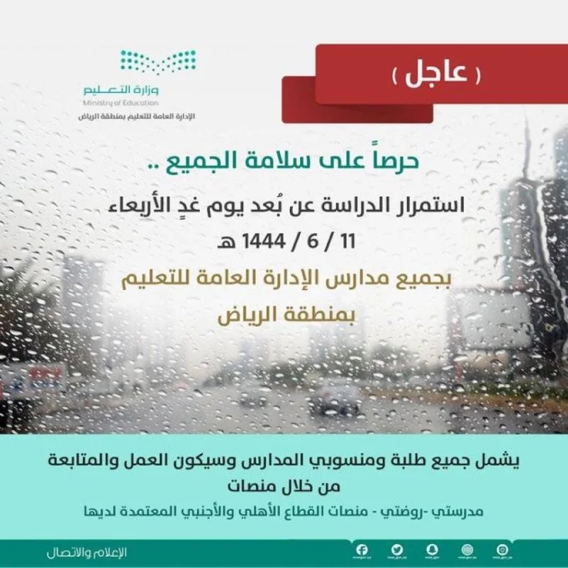 تعليم الرياض : استمرار تعليق الدراسة الحضورية ليوم غدٍ الأربعاء