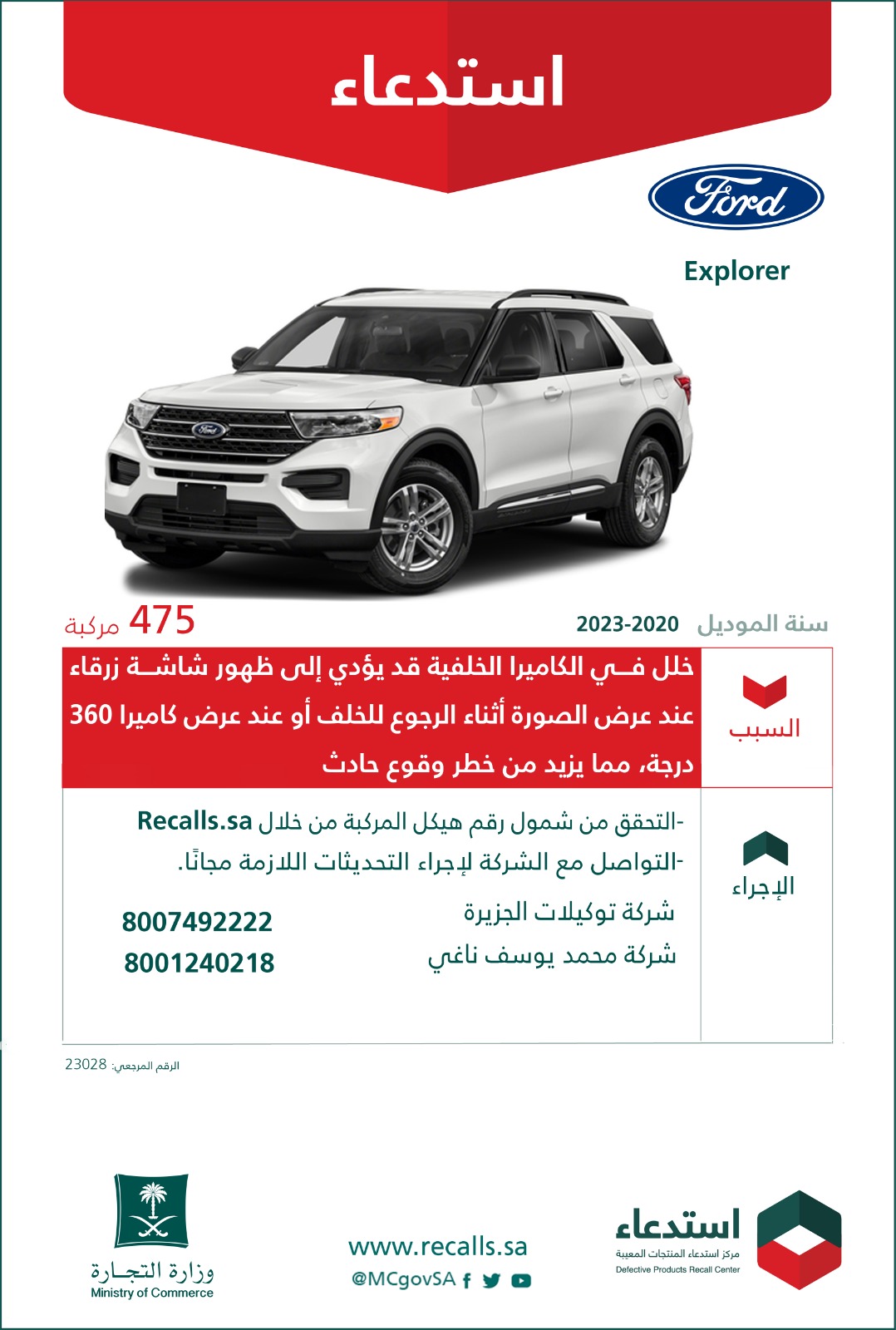 التجارة تعلن عن استدعاء 694 مركبة (لينكون-فورد) لوجود خلل في الكاميرا الخلفية