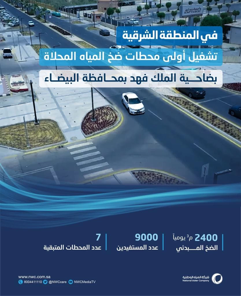المياه الوطنية تبدأ الضخ التجريبي للمياه المحلاة بضاحية الملك فهد بمحافظة البيضاء