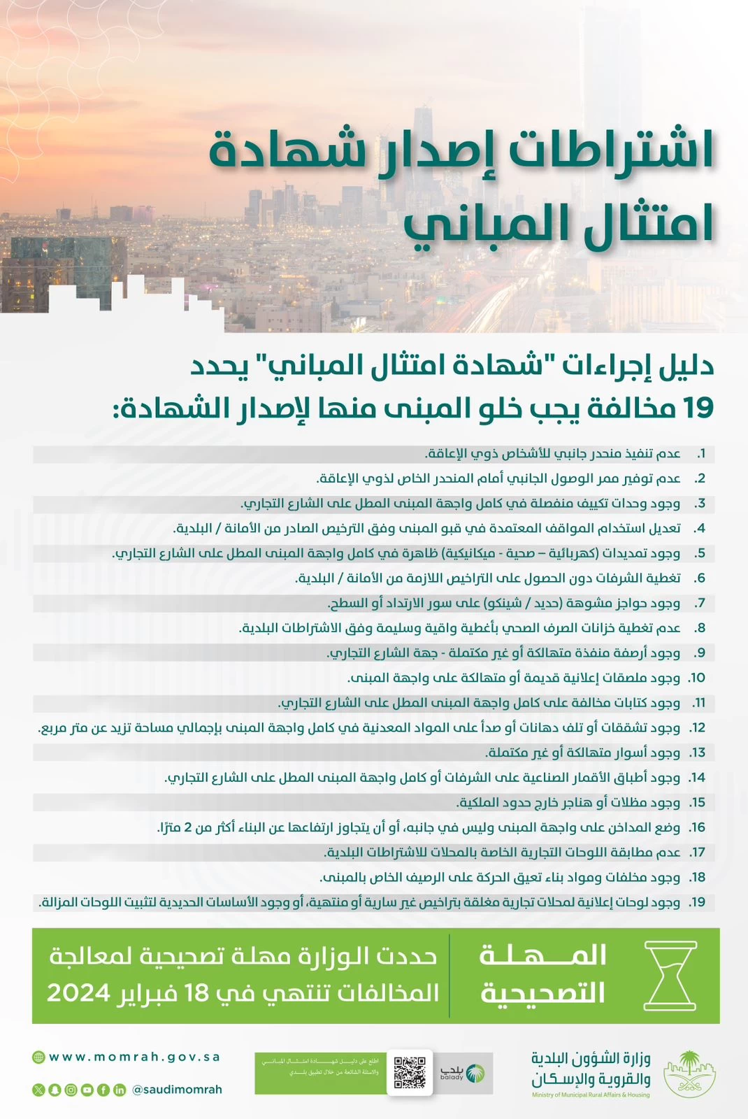"البلدية والإسكان" تتيح إصدار "شهادة امتثال المباني" وتمنح المخالفين مهلة لتصحيح مخالفات التشوه البصري حتى فبراير 2024