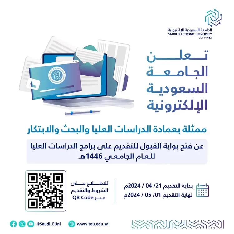 الجامعة السعودية الإلكترونية تعلن بدء التقديم على برامج الماجستير للعام الجامعي 1446هـ.