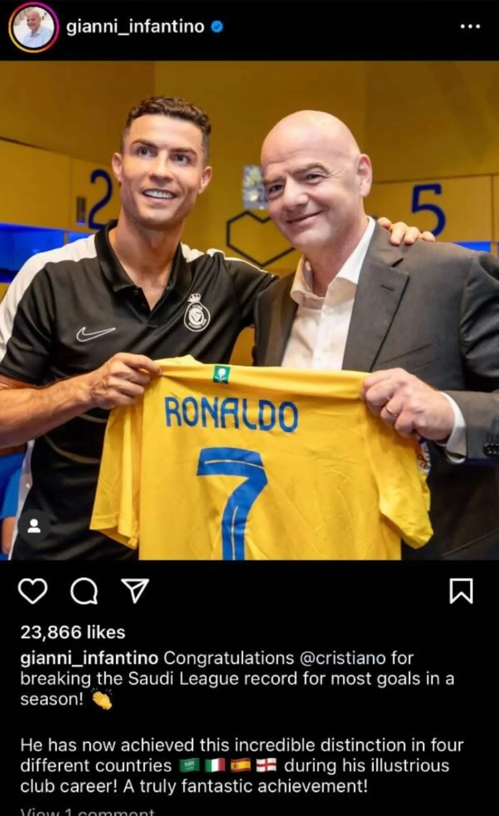 رئيس الـ FIFA يوجه رسالة لرونالدو بعد تحطيمه الرقم القياسي لهداف دوري المحترفين 