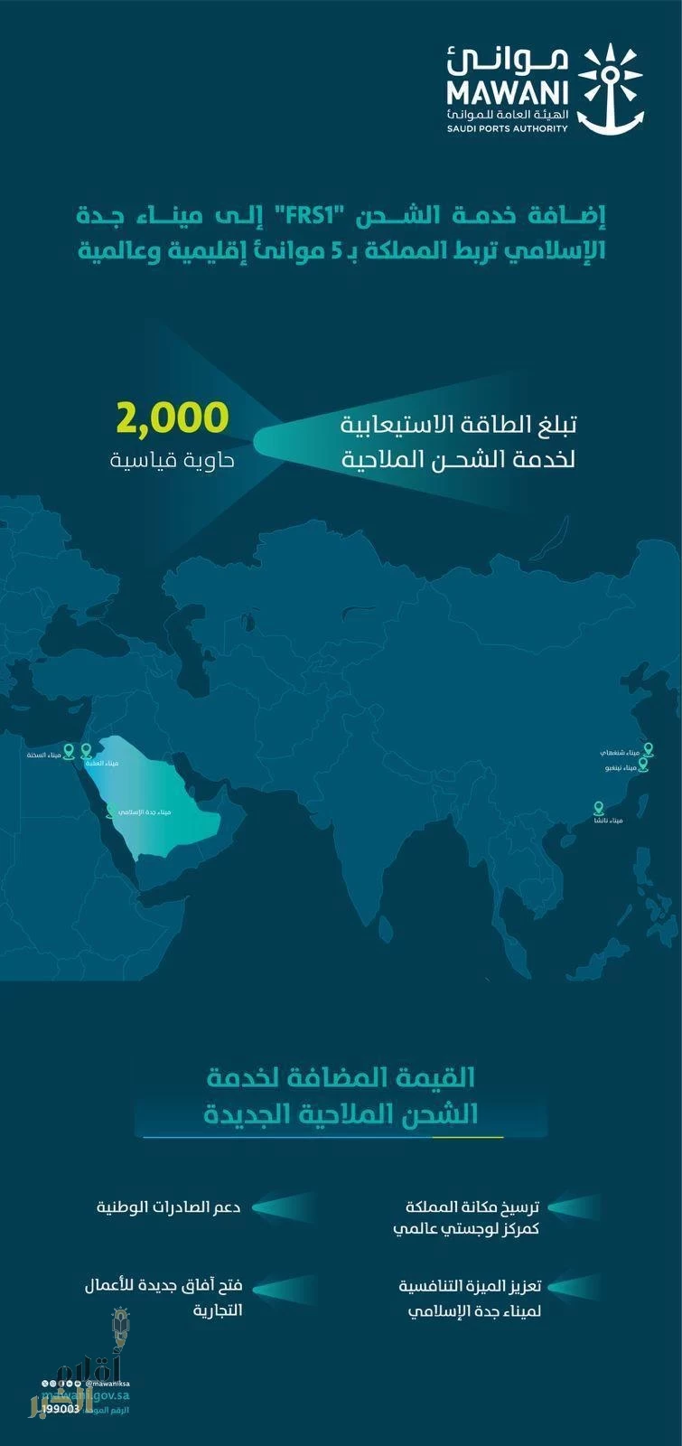 "موانئ": إضافة خدمة الشحن "frs1" التابعة لشركة "cstar line" إلى ميناء جدة الإسلامي