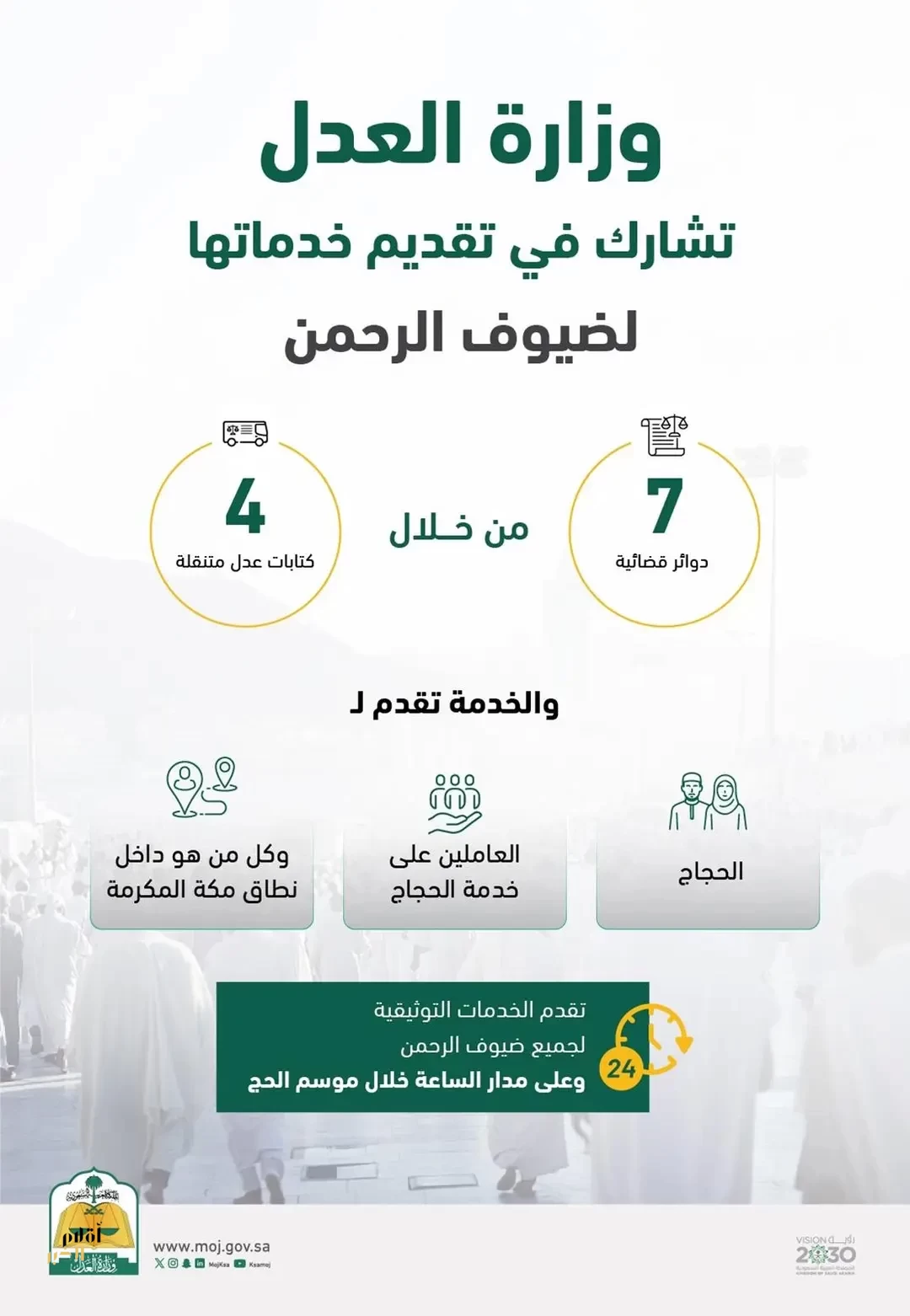 7 دوائر قضائية و4 كتابات عدل متنقلة لخدمة ضيوف الرحمن