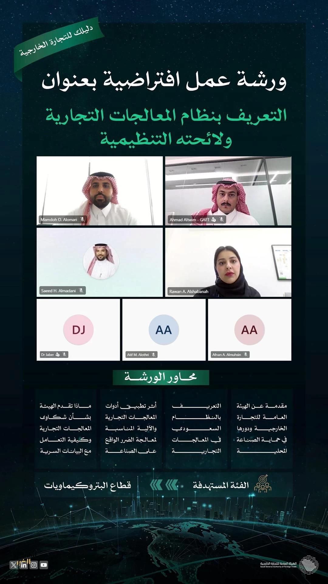 "التجارة الخارجية" تعقد ورشة عمل افتراضية للتعريف بنظام المعالجات التجارية ولائحته التنظيمية