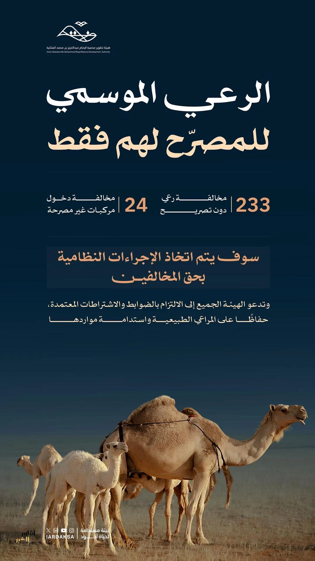 هيئة تطوير محمية الإمام عبدالعزيز بن محمد الملكية ترصد 257 مخالفة للرعي الموسمي