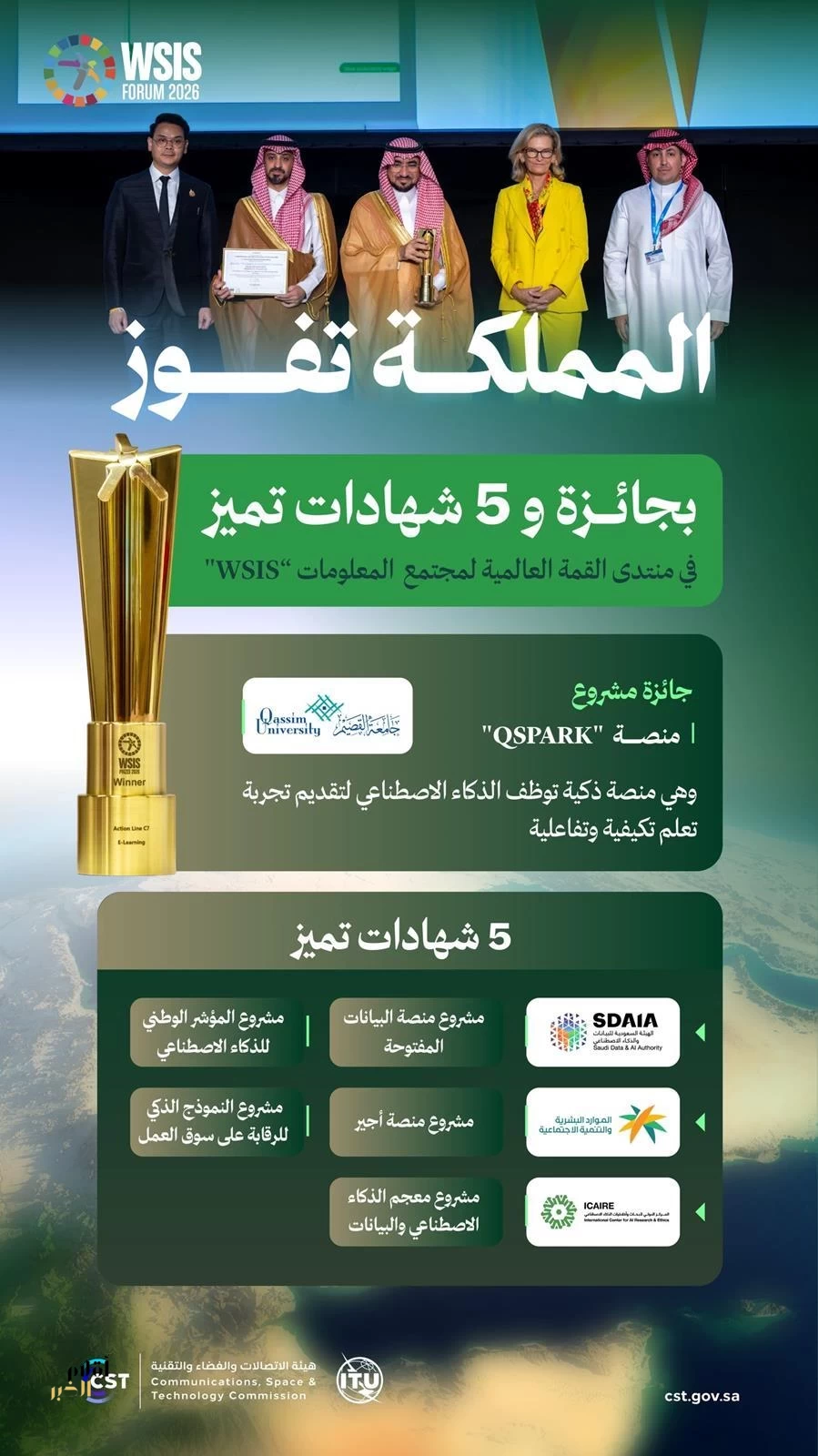 المملكة تفوز بجائزة و5 شهادات تميز في منتدى القمة العالمية لمجتمع المعلومات "WSIS"