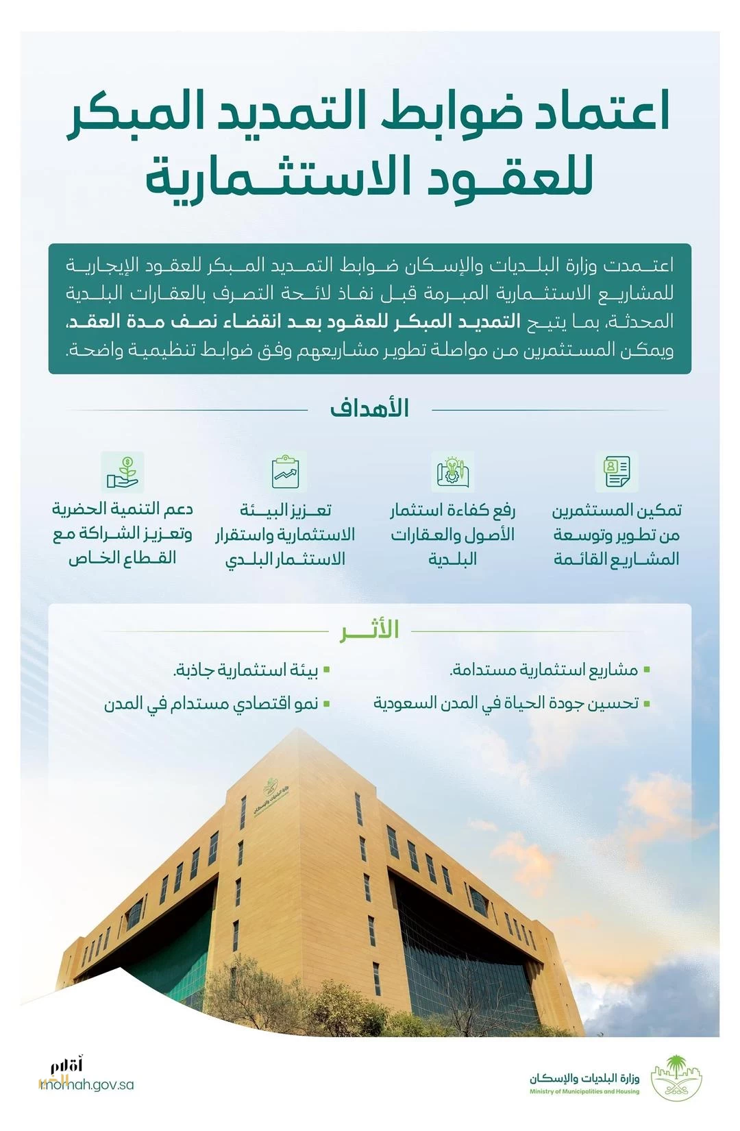وزارة البلديات والإسكان تعتمد ضوابط التمديد المبكر للعقود الإيجارية للمشاريع الاستثمارية
