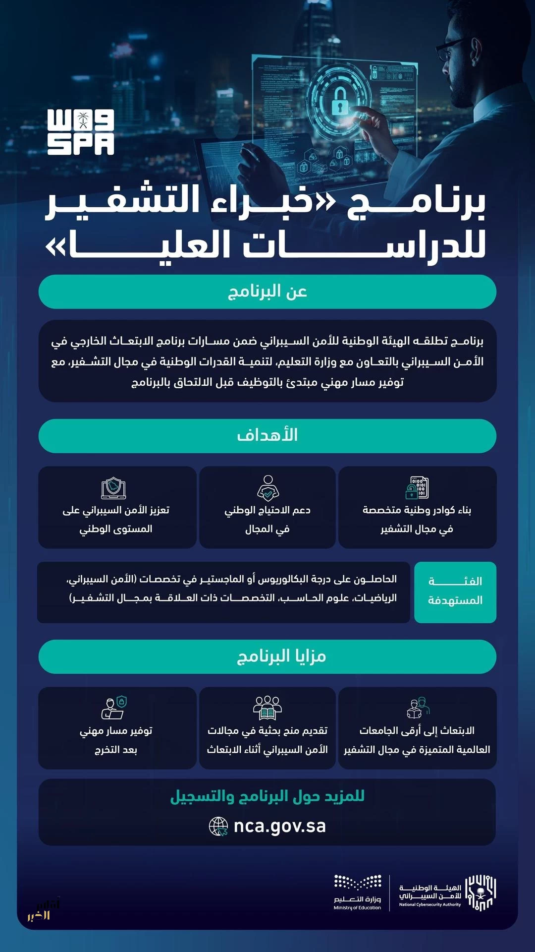 الهيئة الوطنية للأمن السيبراني تطلق برنامج "خبراء التشفير للدراسات العليا"
