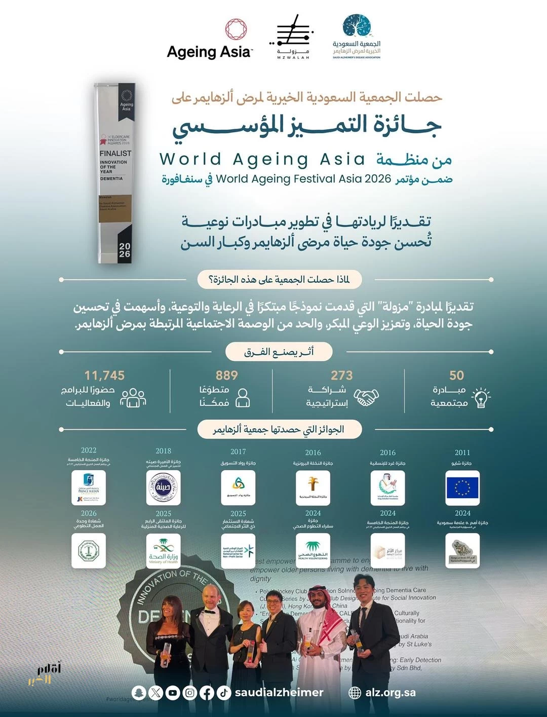 "ألزهايمر السعودية" تحصد درع التميز في سنغافورة عن مبادرة "مزولة"