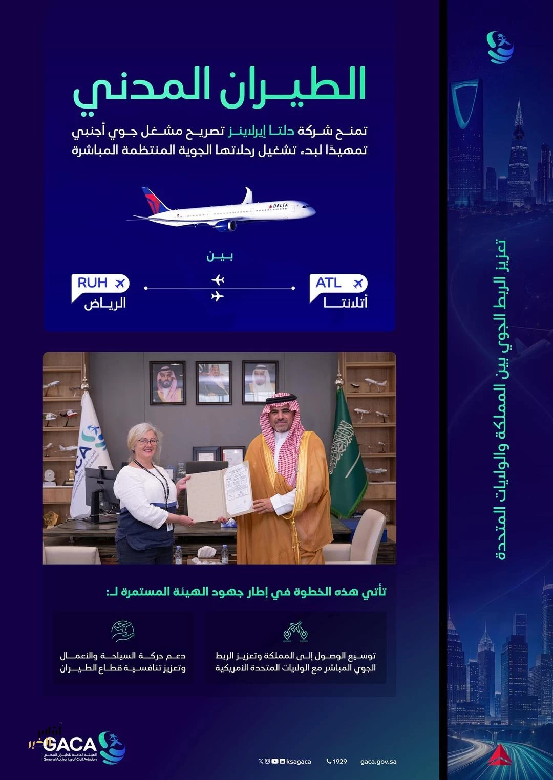 "هيئة الطيران المدني" تمنح "دلتا إيرلاينز" الأمريكية تصريح مشغل جوي أجنبي تمهيدًا لبدء رحلاتها المباشرة بين أتلانتا والرياض