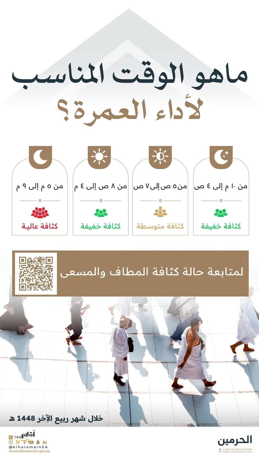 هيئة العناية بالحرمين ترشد المعتمرين إلى الأوقات المناسبة لأداء العمرة خلال شهر ربيع الآخر