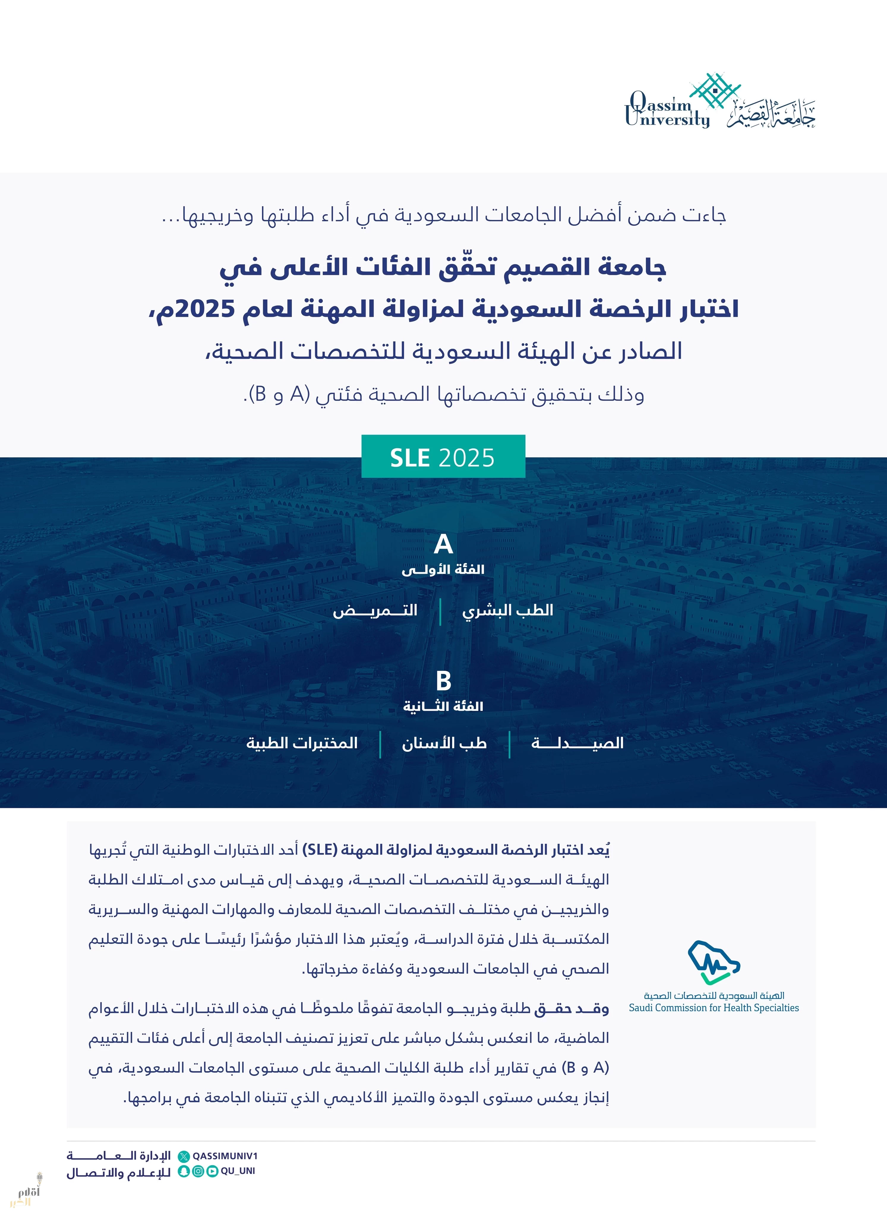 جامعة القصيم تحقق الفئات الأعلى في نتائج اختبار الرخصة السعودية لمزاولة المهنة لعام 2025م