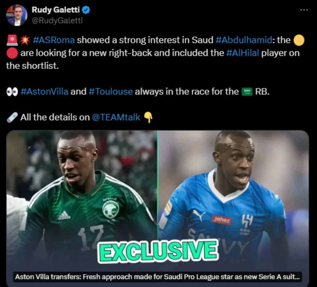 روما الإيطالي يدخل سباق التعاقد مع اللاعب الدولي سعود عبد الحميد