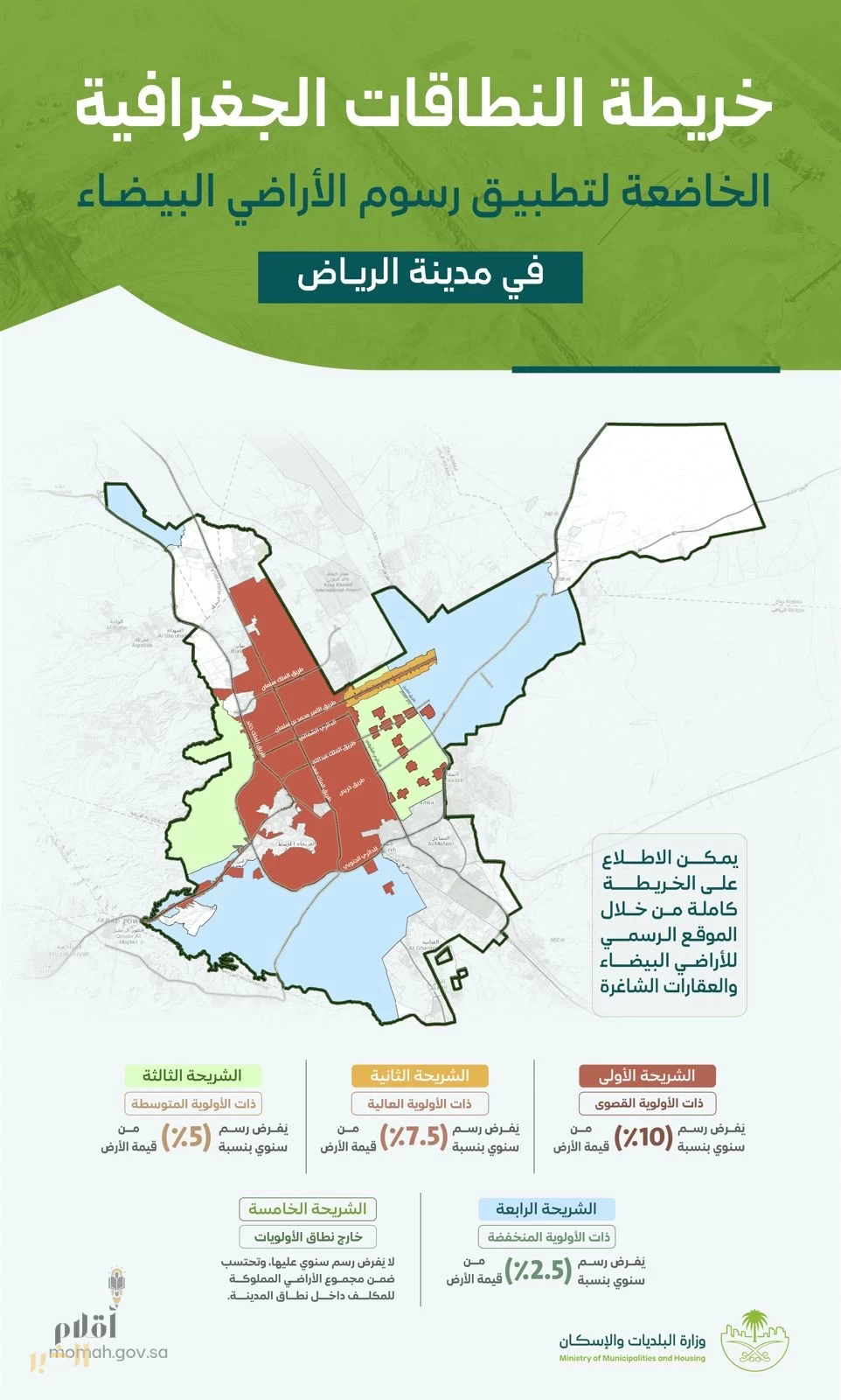 إنفاذًا لتوجيهات سمو ولي العهد.. وزارة البلديات والإسكان تعلن خرائط النطاقات الجغرافية لرسوم الأراضي البيضاء في مدينة الرياض