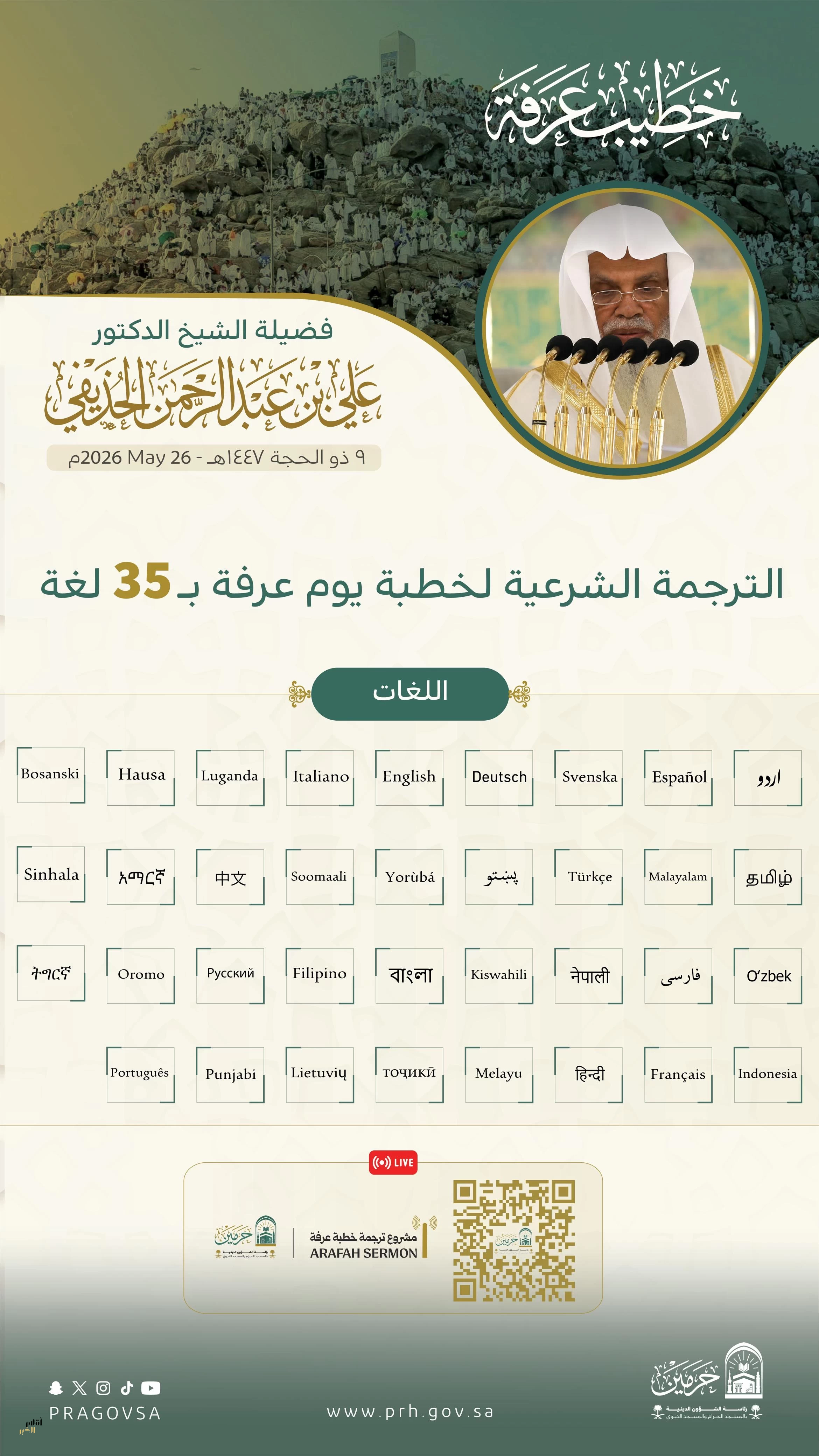 رئاسة الشؤون الدينيّة توضح جاهزيّة منصة الترجمة الشرعيّة لخطبة يوم عرفة بـ(35) لغة عالميٓة  