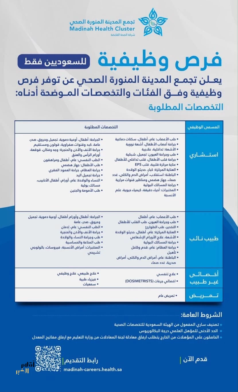 تجمع المدينة المنورة الصحي يعلن عن وظائف شاغرة للسعوديين في تخصصات طبية وصحية متعددة