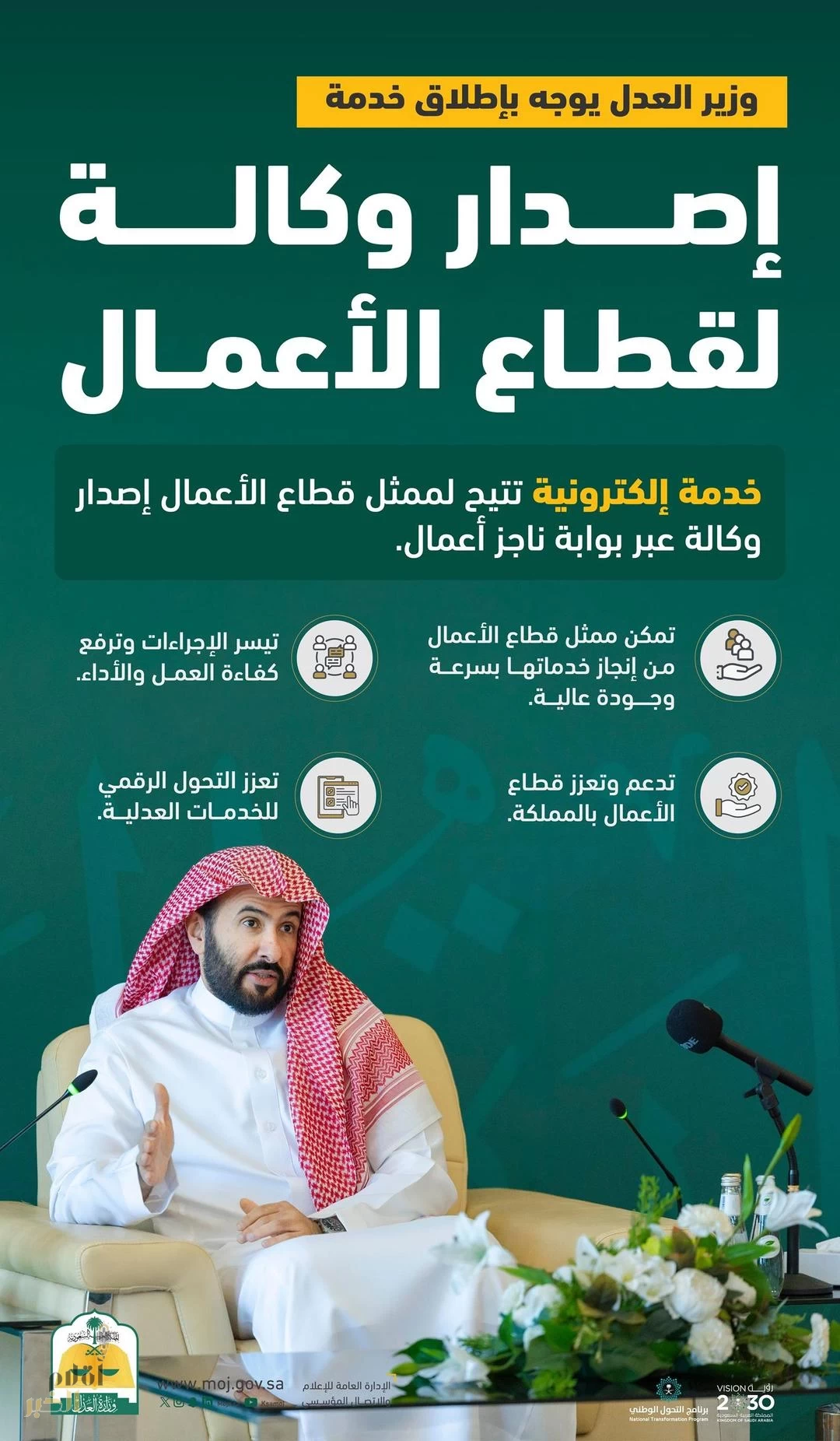 وزير العدل يوجّه بإطلاق خدمة إصدار وكالة لقطاع الأعمال