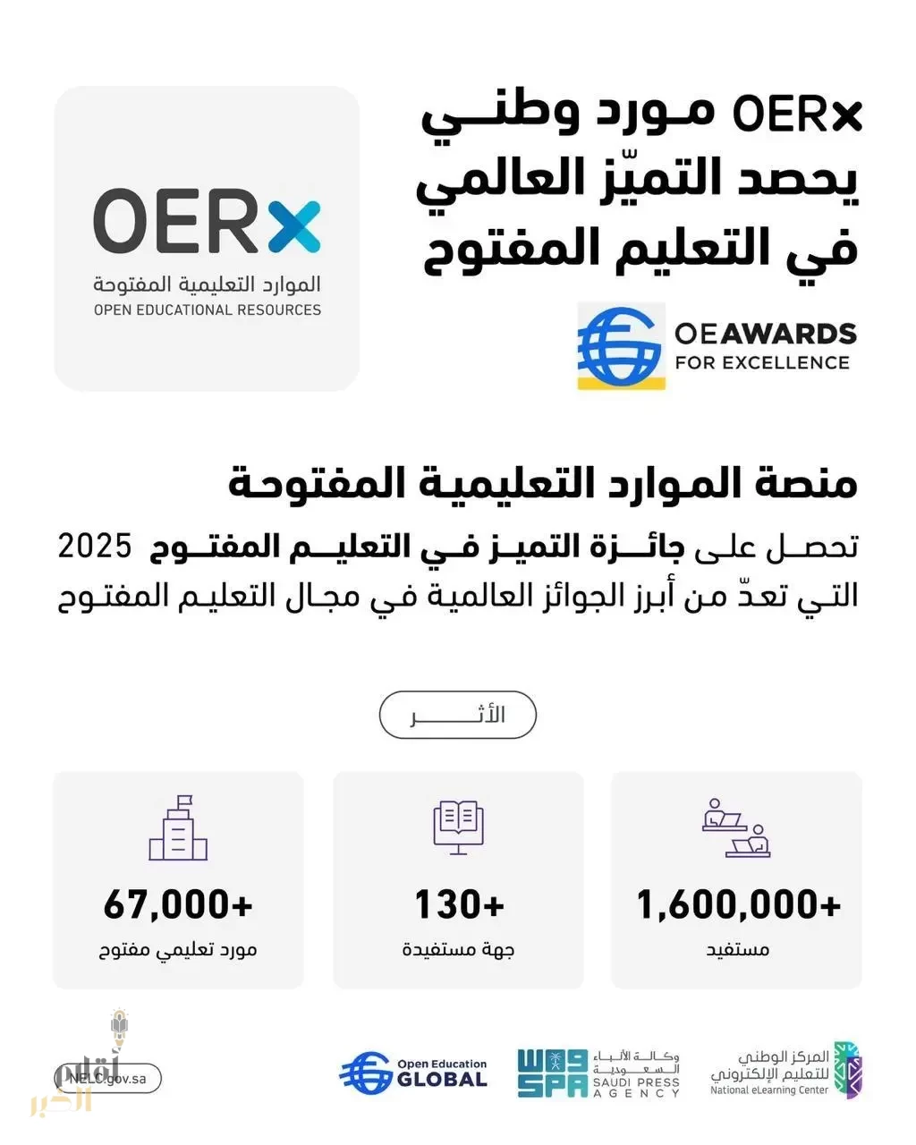 المملكة تتصدر المشهد العالمي في التعليم المفتوح بفوز منصة (OERx) بجائزة التميّز من منظمة التعليم المفتوح العالمي