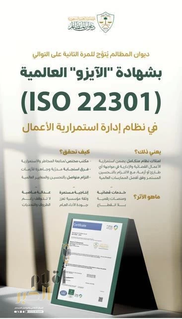 ديوان المظالم يُتوَّج بشهادة "الآيزو" العالمية في نظام إدارة استمرارية الأعمال