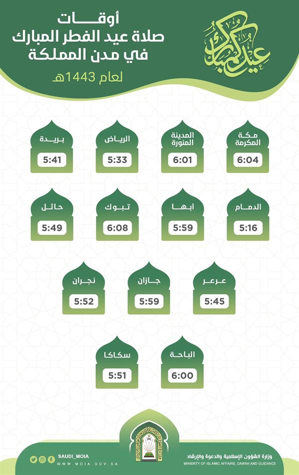 تعرف على مواعيد صلاة عيد الفطر في مدن المملكة