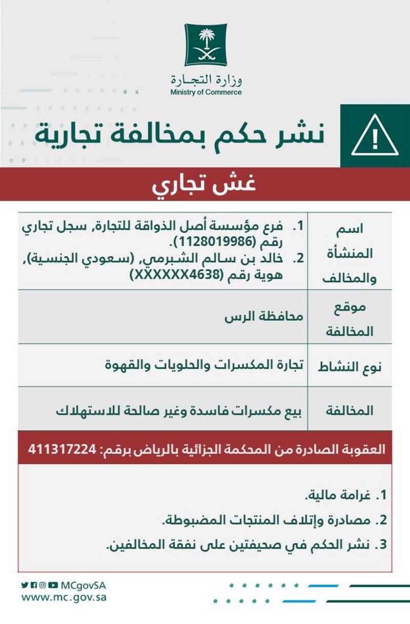 "التجارة" تشهِّر بمنشأة عرضت مكسرات فاسدة غير صالحة للاستهلاك