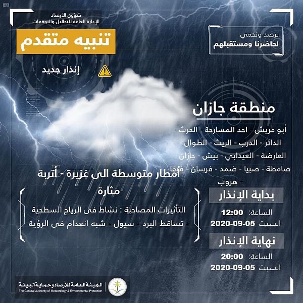"الأرصاد" : تنبه بهطول أمطار على منطقة جازان