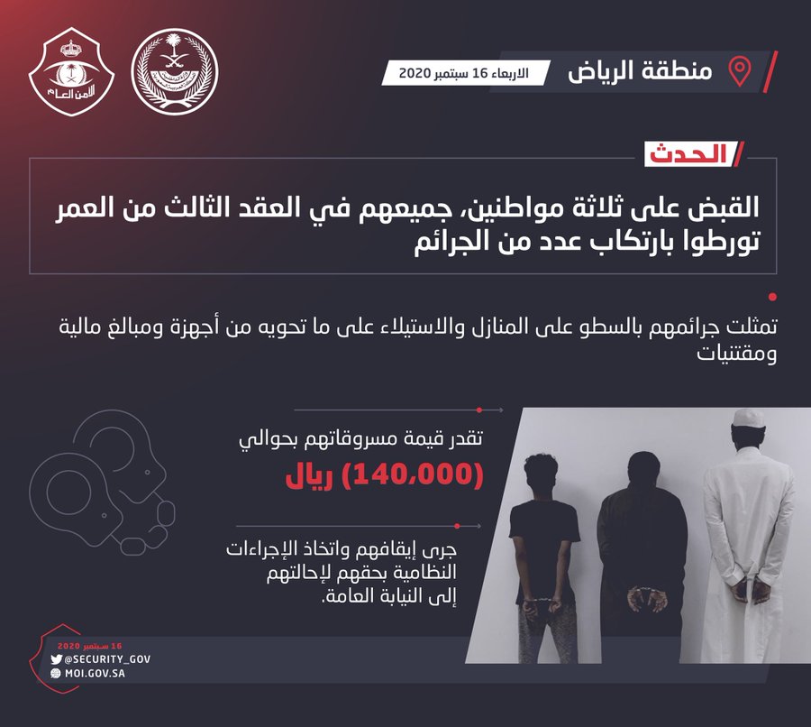 شرطة الرياض: القبض على ثلاثة أشخاص تورطوا بالسطو على المنازل