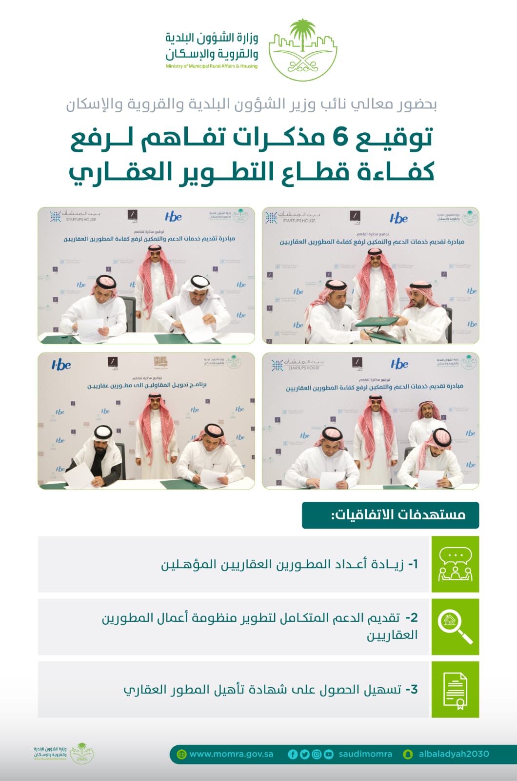 "البلدية والإسكان" توقع 6 مذكرات تفاهم لرفع كفاءة قطاع التطوير العقاري