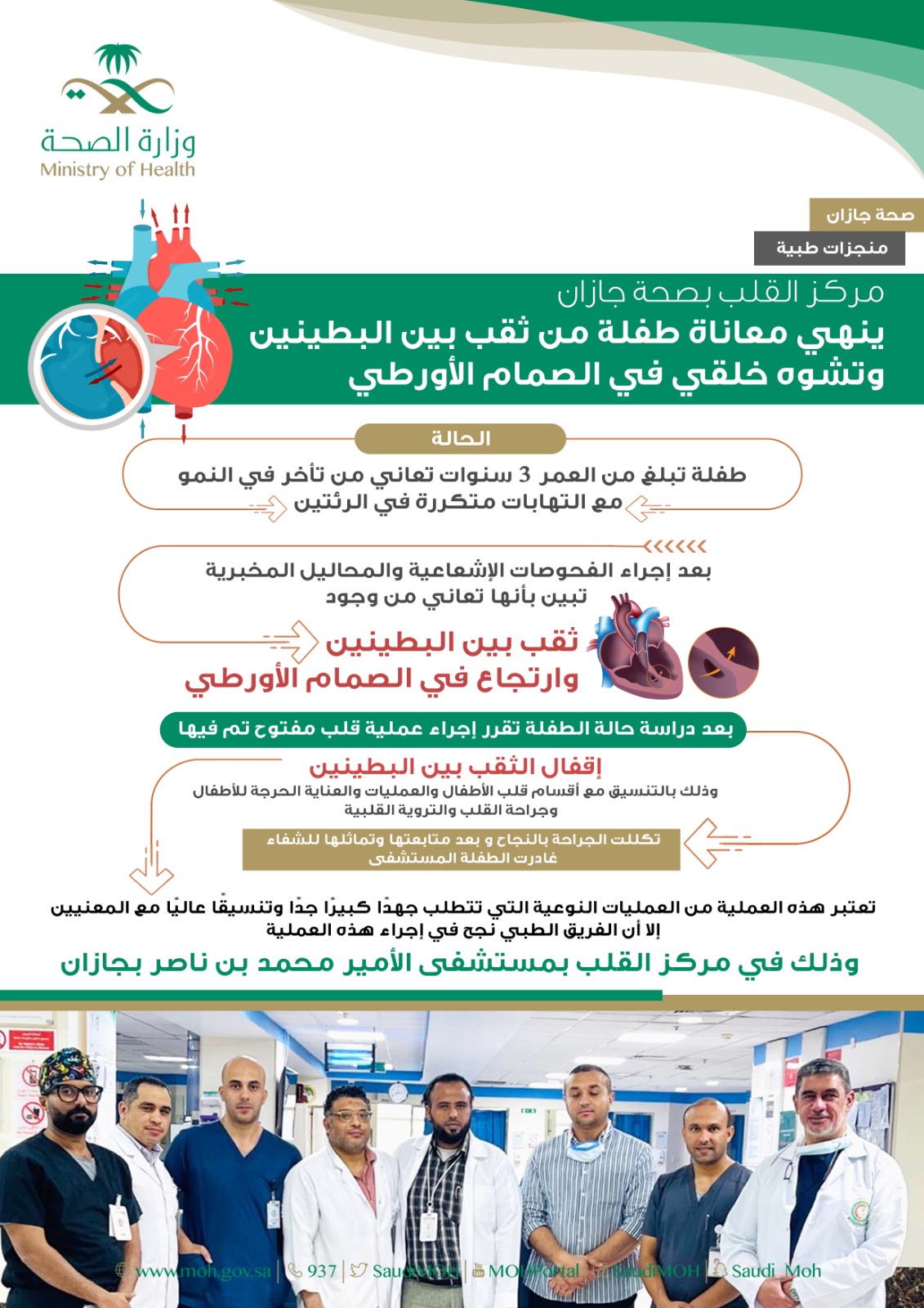 مركز القلب ينهي معاناة طفلة من ثقب بين البطينين وتشوه خلقي في الصمام الأورطي بجازان 