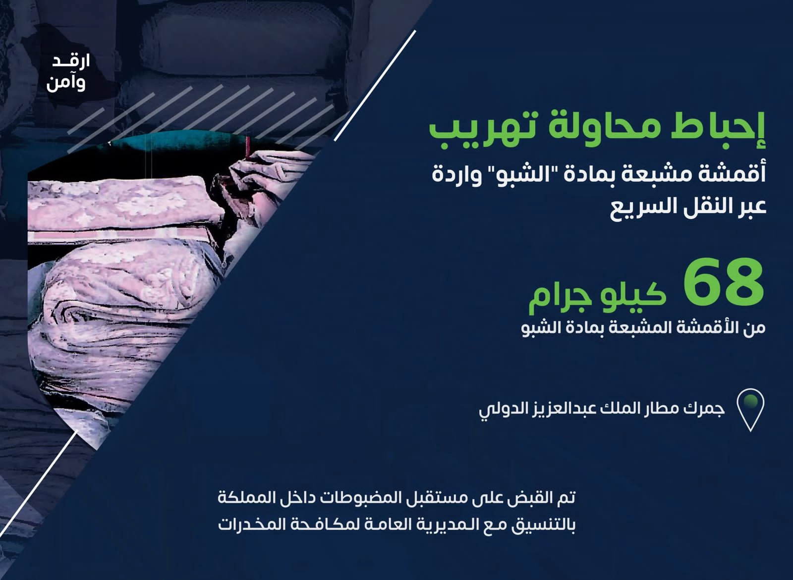 جمرك مطار الملك عبدالعزيز بجدة يحبط محاولة تهريب 68 كيلوجرام من الأقمشة المشبعة بمادة "الشبو"