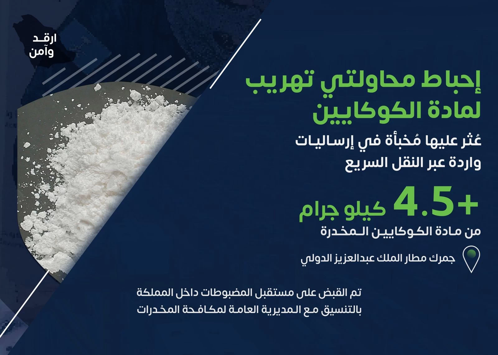 جمرك مطار الملك عبدالعزيز بجدة يحبط محاولتي تهريب أكثر من 4.5 كيلوجرام من "الكوكايين"