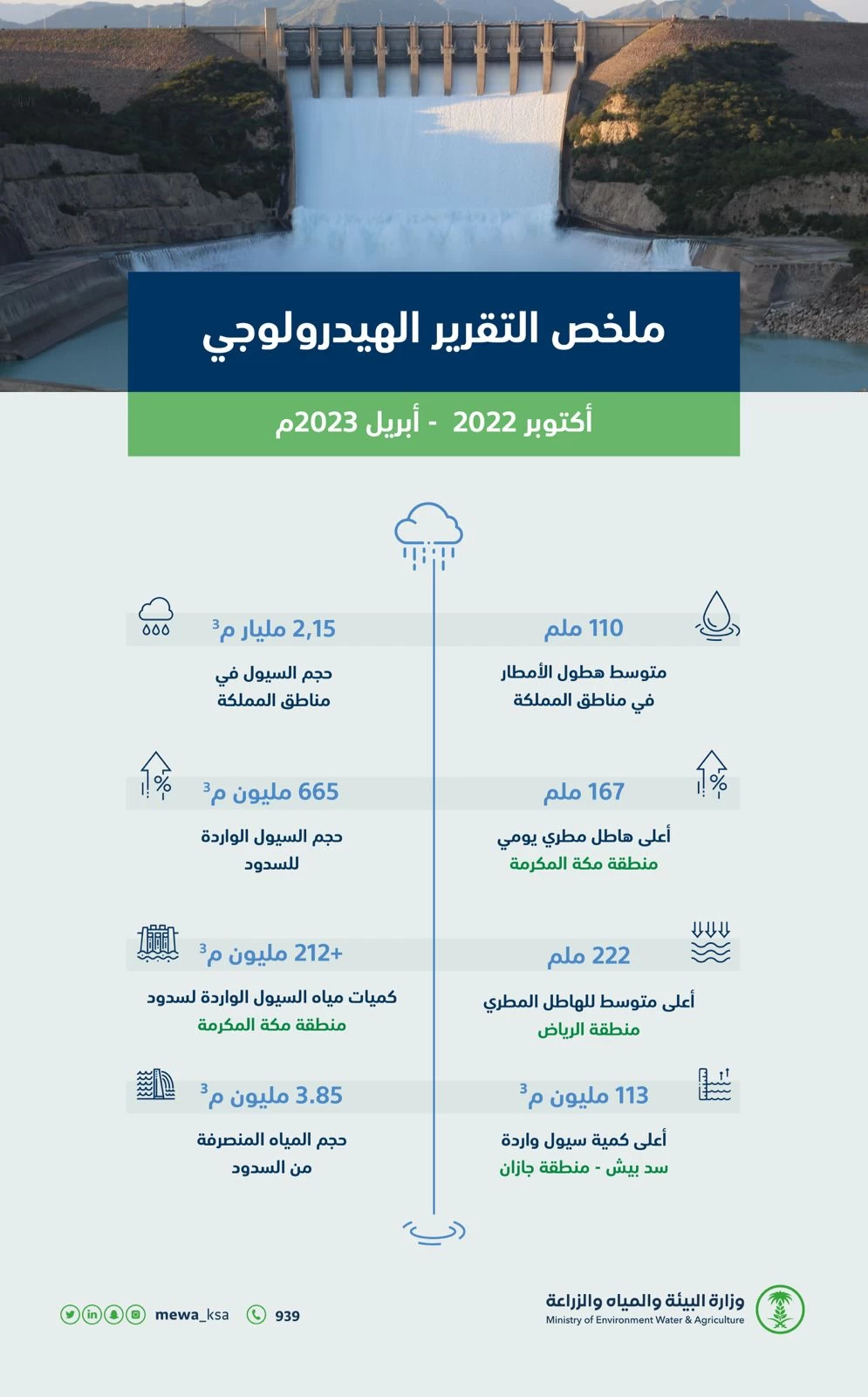 "البيئة": المملكة تسجل أعلى مستوى لمتوسط هطول الأمطار منذ 40 عامًا بـ (110) ملم