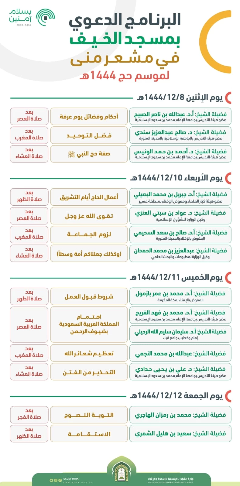 وزارة الشؤون الإسلامية تقيم برنامجاً دعوياً بمسجد الخيف في مشعر منى خلال أيام الحجّ