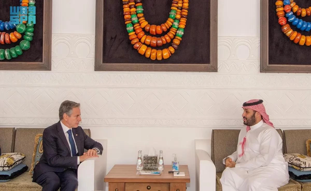 سمو ولي العهد خلال اجتماعه بوزير خارجية أمريكا يشدد على رفض المملكة استهداف المدنيين في غزة