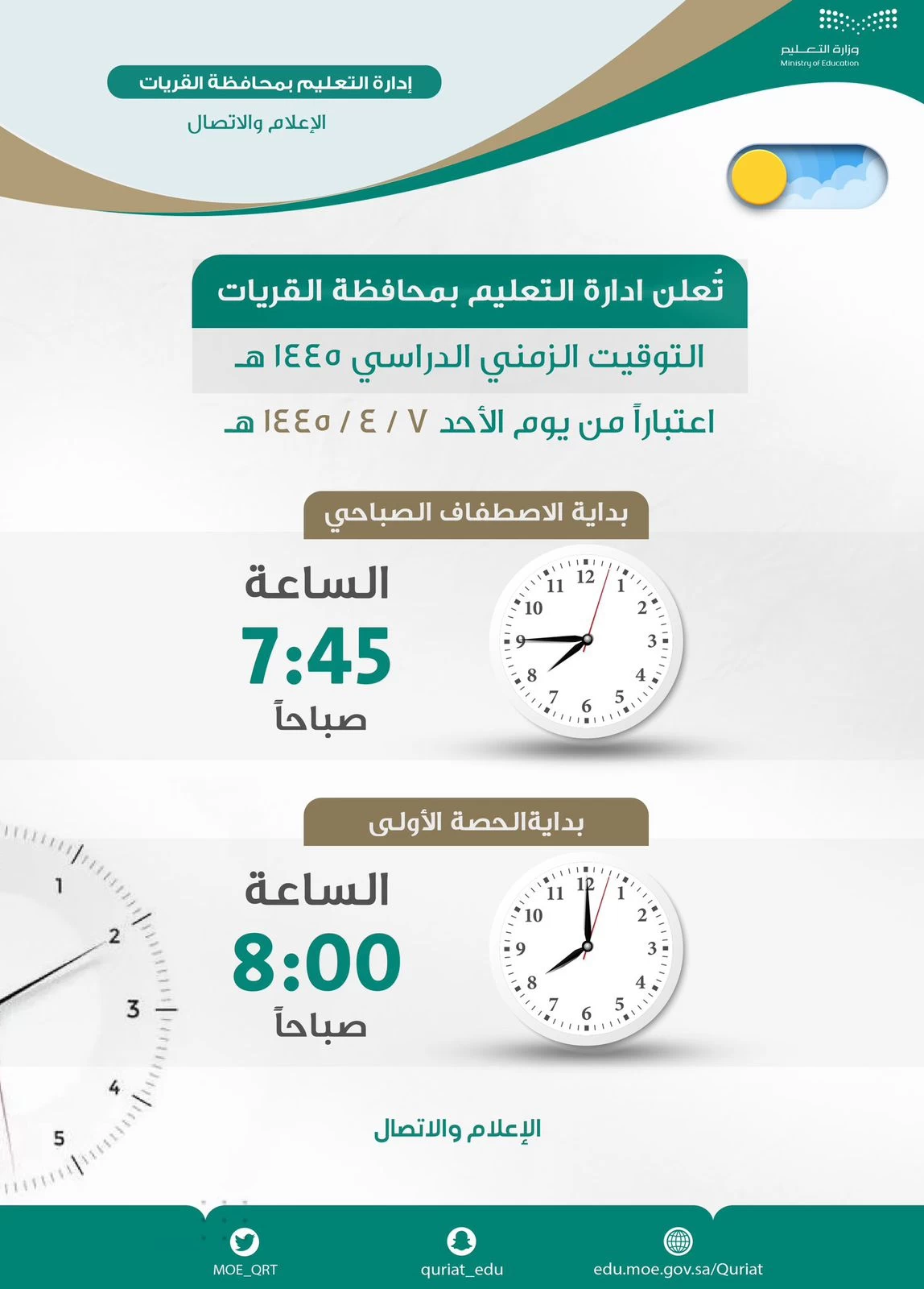 تعليم القريات يعتمد التوقيت الزمني للدوام الشتوي للمدارس 