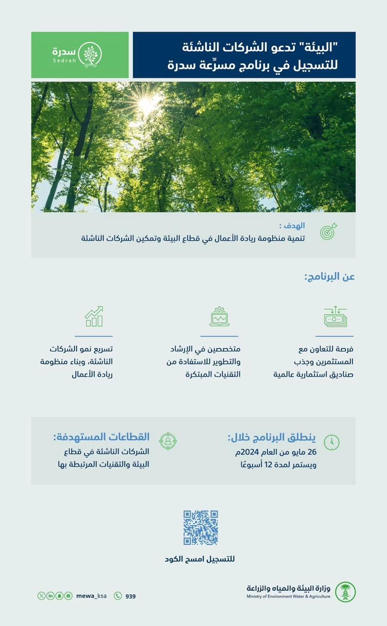 ​​​​​​​"البيئة" تدعو الشركات الناشئة للتسجيل في مسرعة سدرة المتخصصة في قطاع البيئة