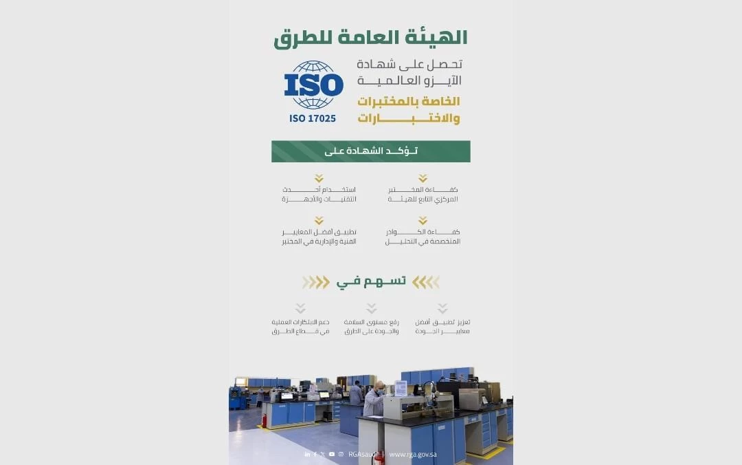 الهيئة العامة للطرق تحصل على شهادة الآيزو العالمية الخاصة بالمختبرات والاختبارات 