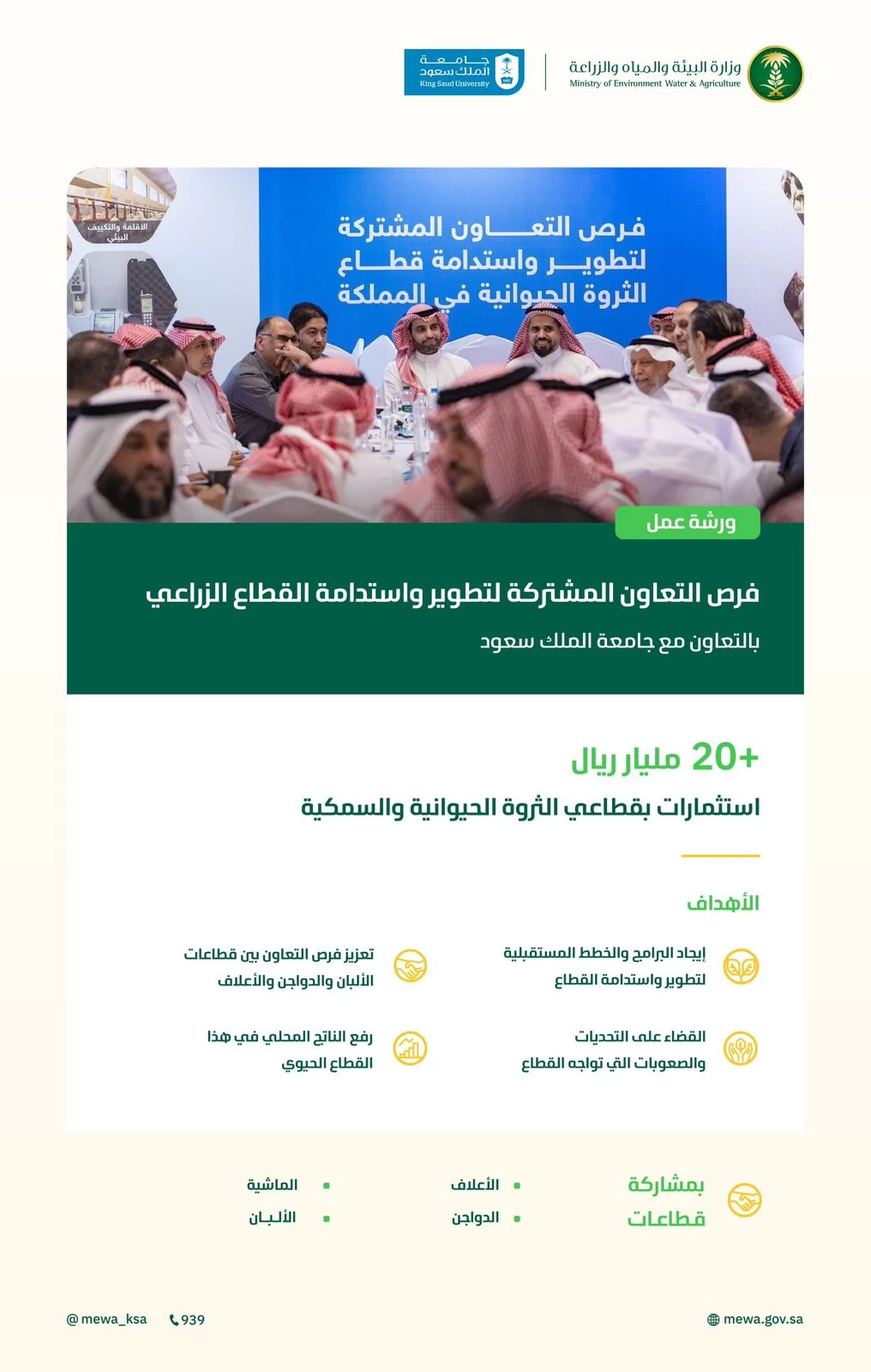 "البيئة": أكثر من (20) مليار ريال فرص استثمارية واعدة في قطاعي الثروة الحيوانية والسمكية حتى عام 2030