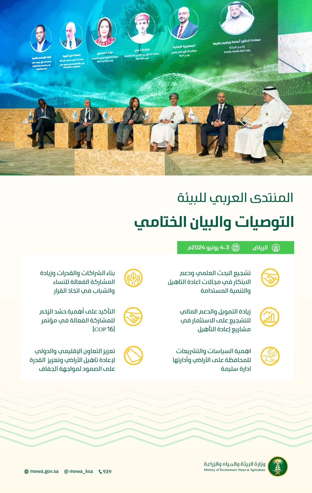 في بيانه الختامي... المنتدى العربي للبيئة يؤكد أهمية التعاون لحشد الدعم والزخم للمشاركة الدولية الفعالة في مؤتمر (COP 16) بالمملكة