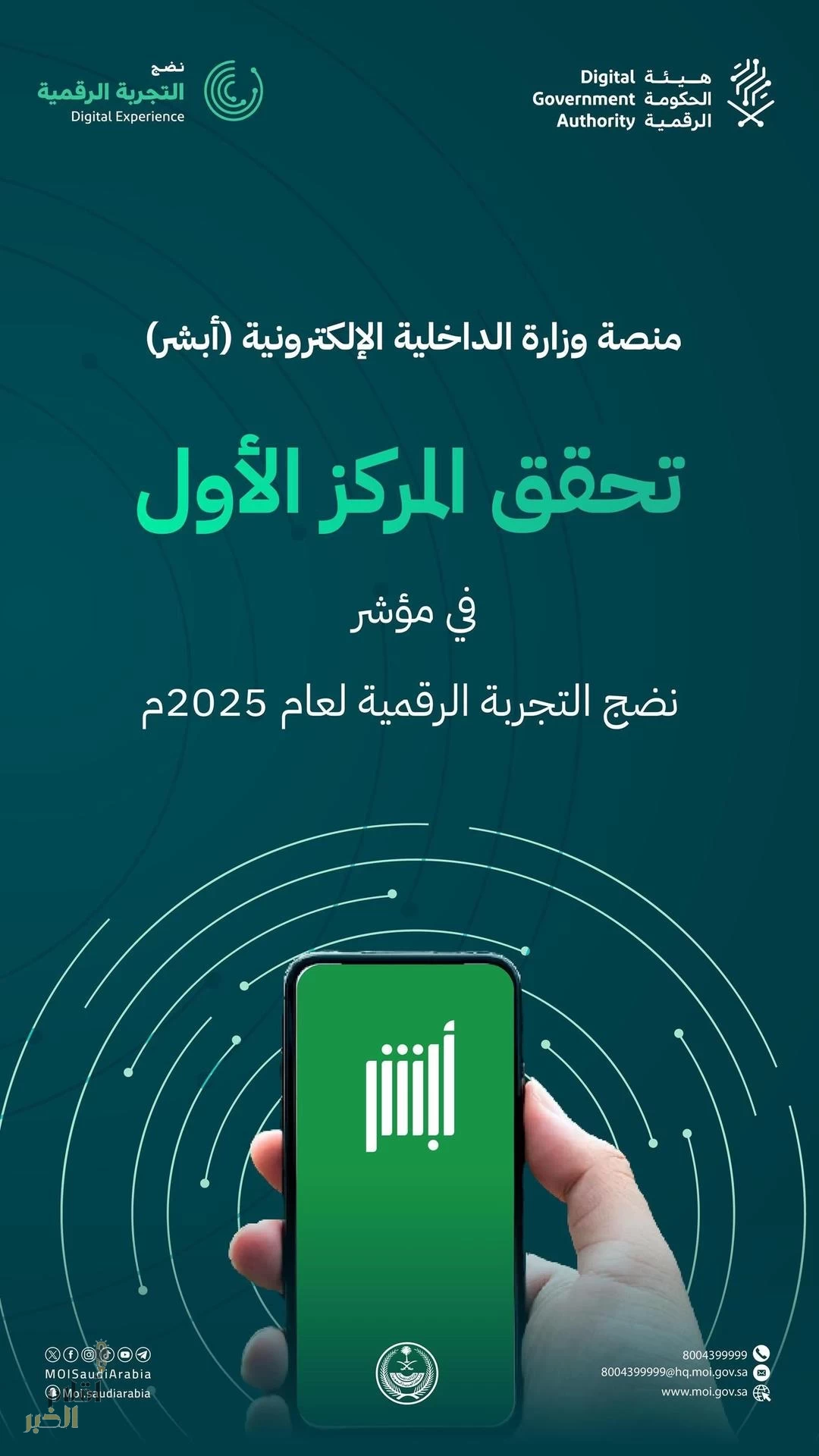 منصة وزارة الداخلية الإلكترونية "أبشر" تتصدّر المنصات الوطنية في مؤشر نضج التجربة الرقمية 2025