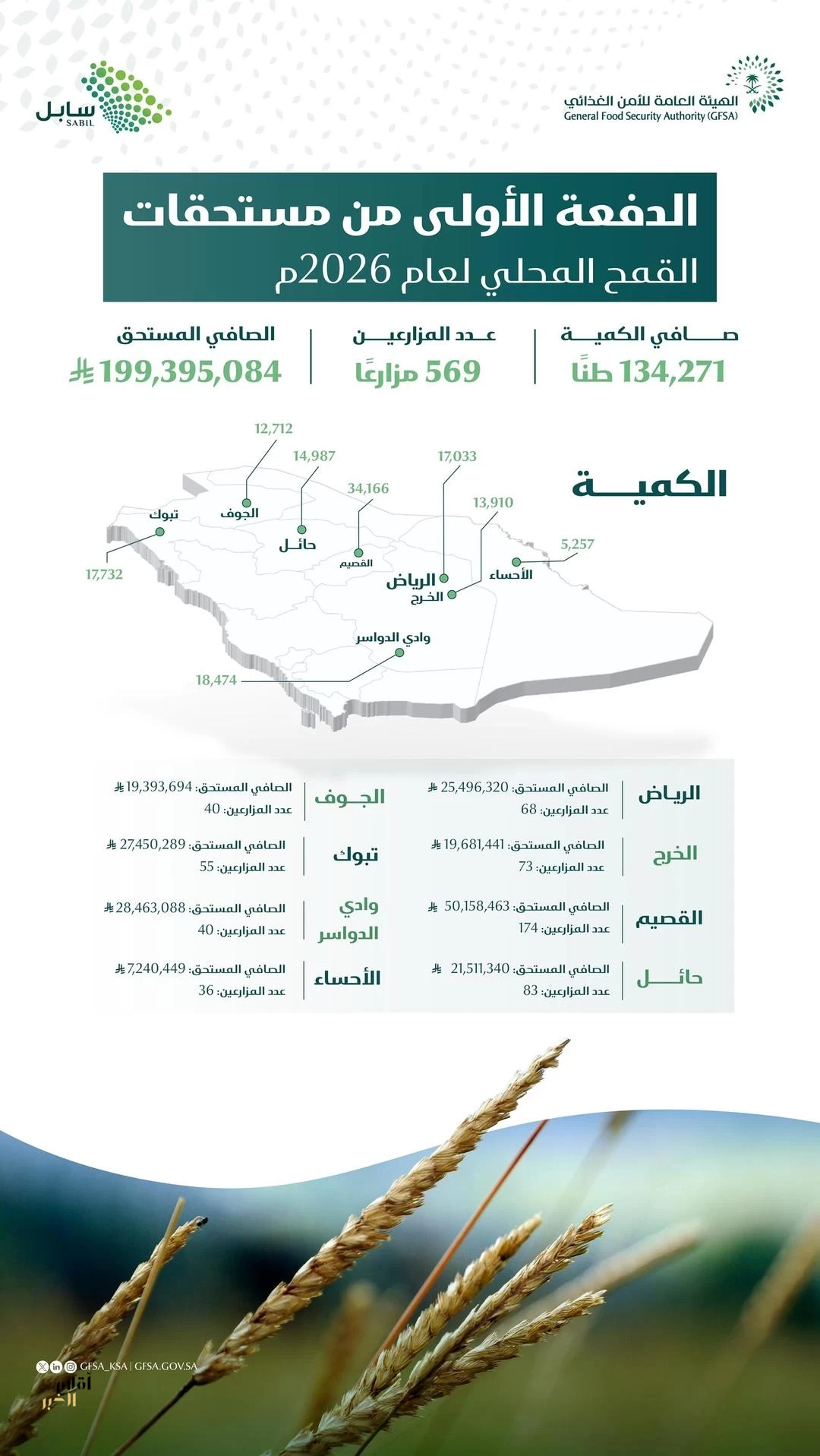 "الأمن الغذائي": صرف (199) مليون ريال مستحقات الدفعة الأولى لمزارعي القمح المحلي