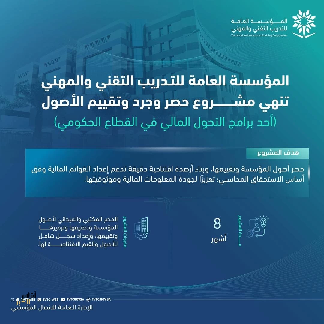 "التدريب التقني" ينهي مشروع حصر وجرد وتقييم الأصول لعام 2026م