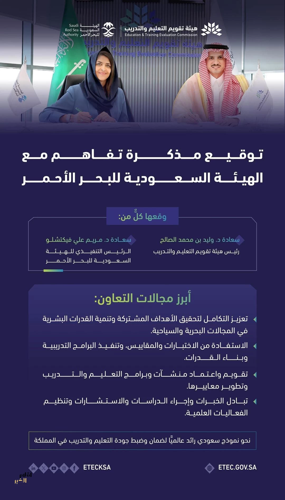 هيئة تقويم التعليم والتدريب والهيئة السعودية للبحر الأحمر توقعان مذكرة تفاهم لتعزيز التعاون في تنمية القدرات البشرية