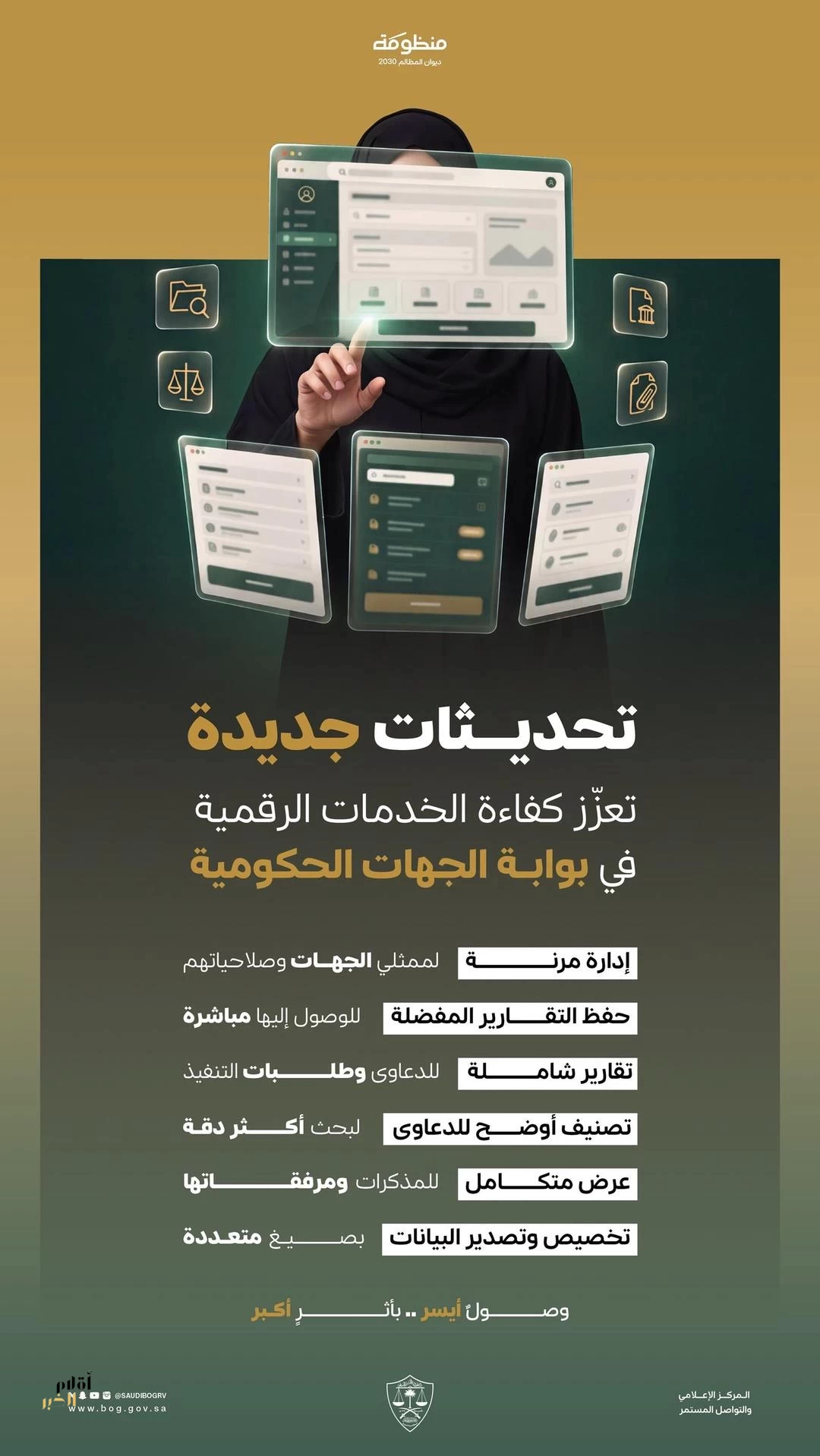 ديوان المظالم يطلق عددًا من التحديثات الرقمية على بوابة الجهات الحكومية