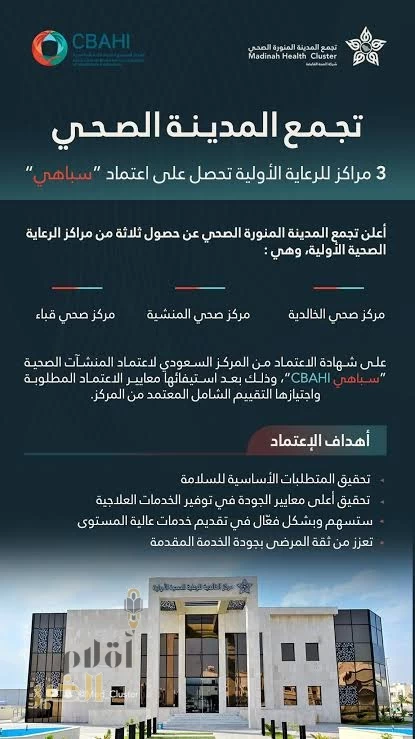 3 مراكز للرعاية الصحية بالمدينة المنورة تنال شهادة الاعتماد "سباهي"