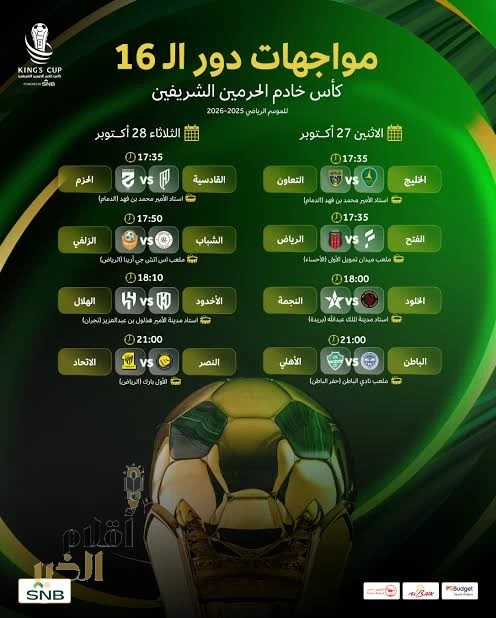مواعيد مباريات الدور الـ (16) من بطولة كأس خادم الحرمين الشريفين (2026 - 2025)