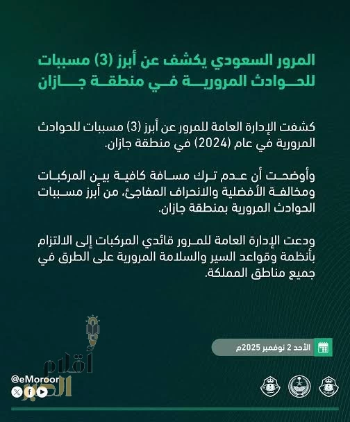 المرور السعودي يكشف عن أبرز (3) مسببات للحوادث المرورية في منطقة جازان