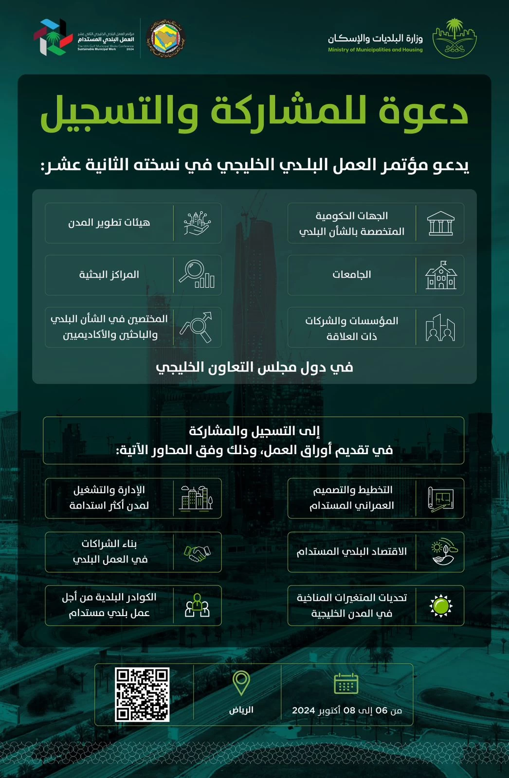 مؤتمر العمل البلدي الخليجي يدعو المختصين والباحثين والجهات ذات العلاقة في دول مجلس التعاون للمشاركة وتقديم أوراق العمل