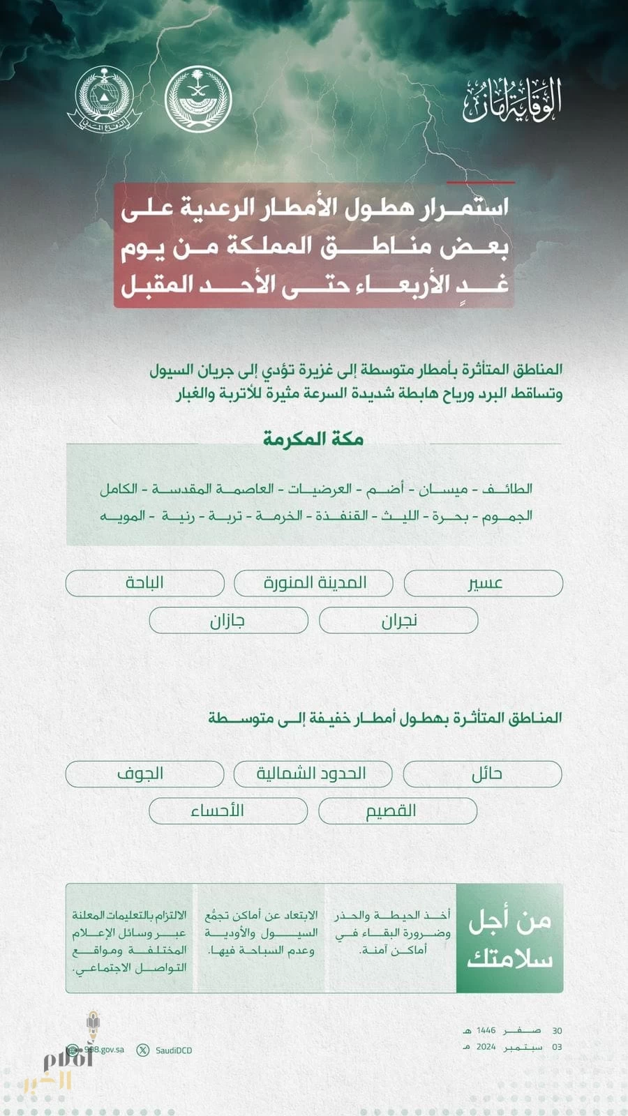 الدفاع المدني يبشر بحالة مطرية على بعض مناطق المملكة من يوم غدٍ الأربعاء وحتى الأحد المقبل